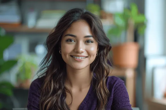 Smiling Indian woman seated at a desk using a laptop in a cozy home office with greenery behind her.