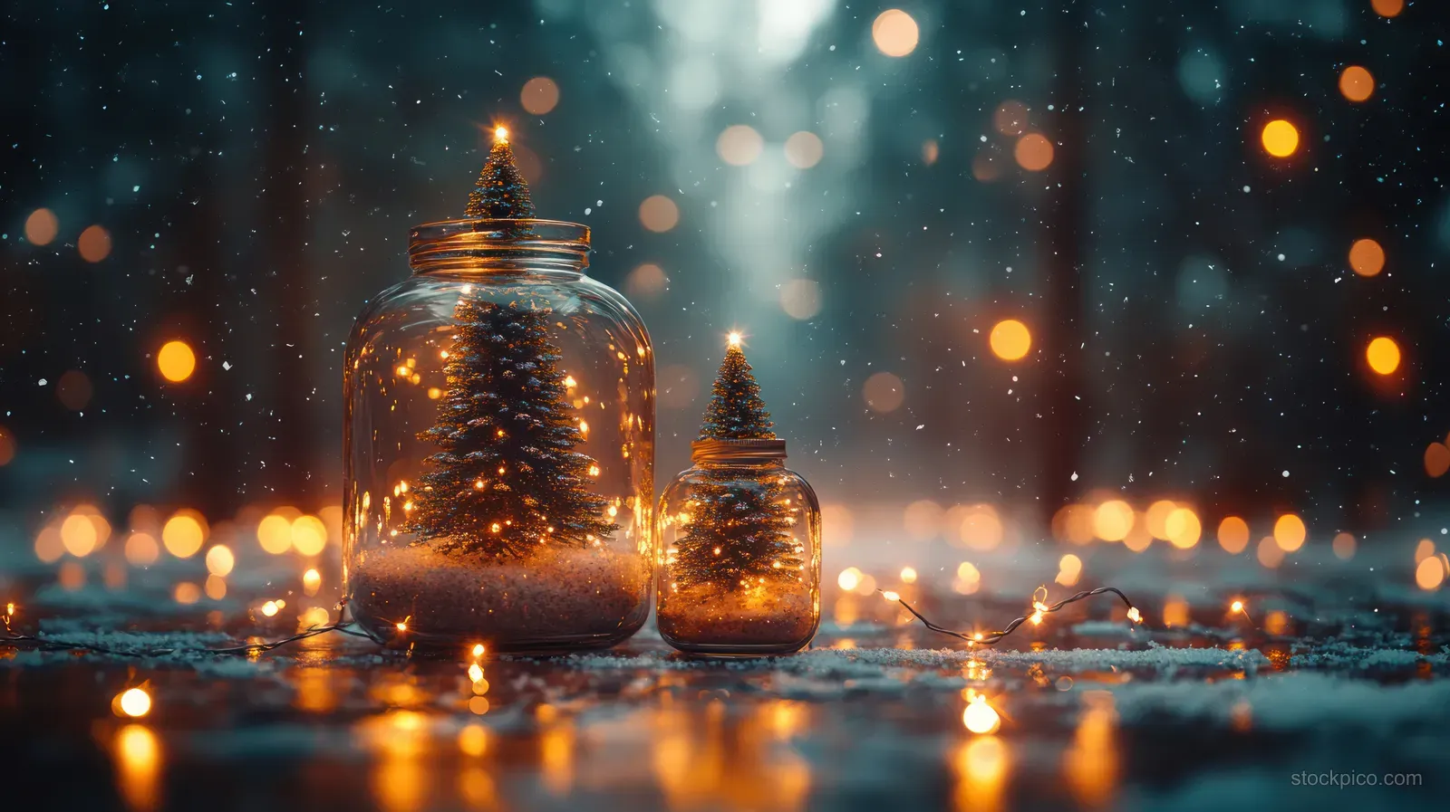 Warm glowing miniature Christmas trees inside glass jars sit on a snowy surface with soft bokeh lights behind them.