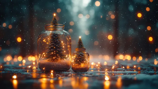 Warm glowing miniature Christmas trees inside glass jars sit on a snowy surface with soft bokeh lights behind them.