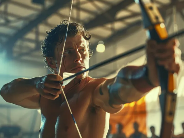 U.S. archer draws bowstring and releases arrow under stadium lights during competition