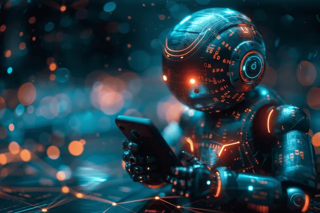 Glowing robot using a smartphone chatbot interface with neon data particles in dark city-like bokeh