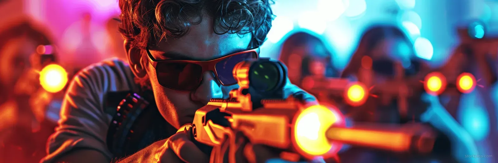 A youth in a neon laser tag arena aims a glowing rifle with colorful light beams and targets in the background.