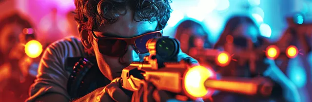 A youth in a neon laser tag arena aims a glowing rifle with colorful light beams and targets in the background.