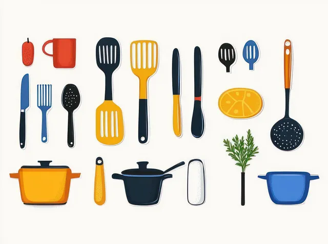 Flat colorful kitchen utensils and cookware icons, including forks, spoons, knives, pots, and a small plant, on white background.