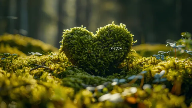 A moss-covered wooden heart lies on forest ground with blurred trees in soft sunlight.