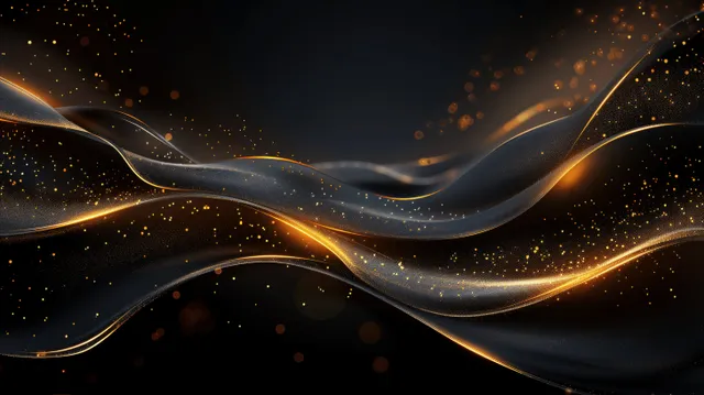 Black abstract background with flowing gold wave lines and scattered sparkles.
