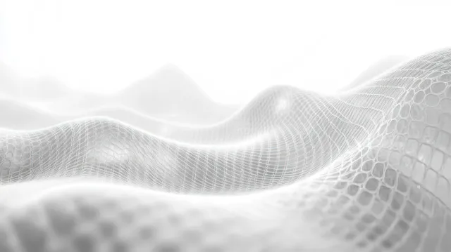 Translucent white hexagonal mesh grid rippling across a smooth wavy surface