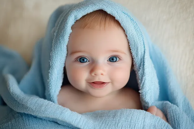 Smiling newborn wrapped in a soft blue towel, looking directly at the camera with bright blue eyes.