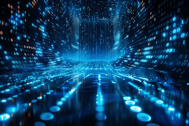 Glowing Binary Data Streams in a Dark Futuristic Tunnel