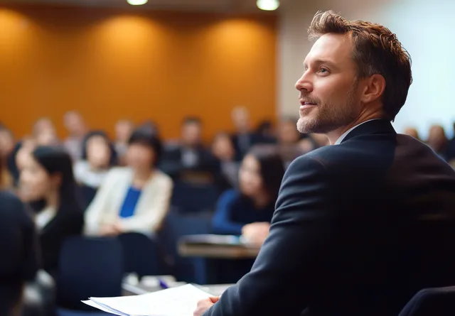 Business speaker presenting at conference stage with attentive diverse audience seated in rows
