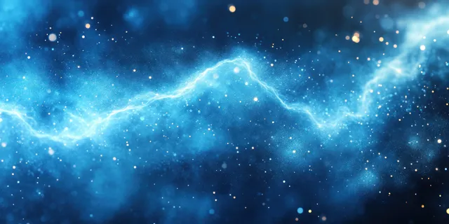 A glowing DNA helix made of particles is connected by hexagon network lines over a deep blue cosmic background.
