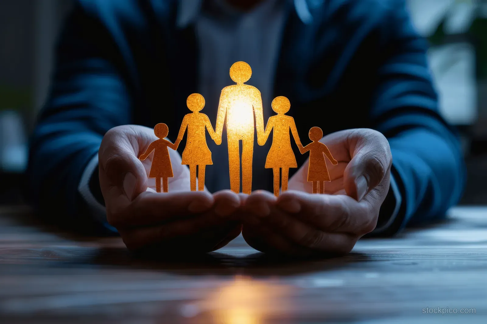 A businessman holds hands out, showing paper cutout family figures for a safety and life insurance concept.