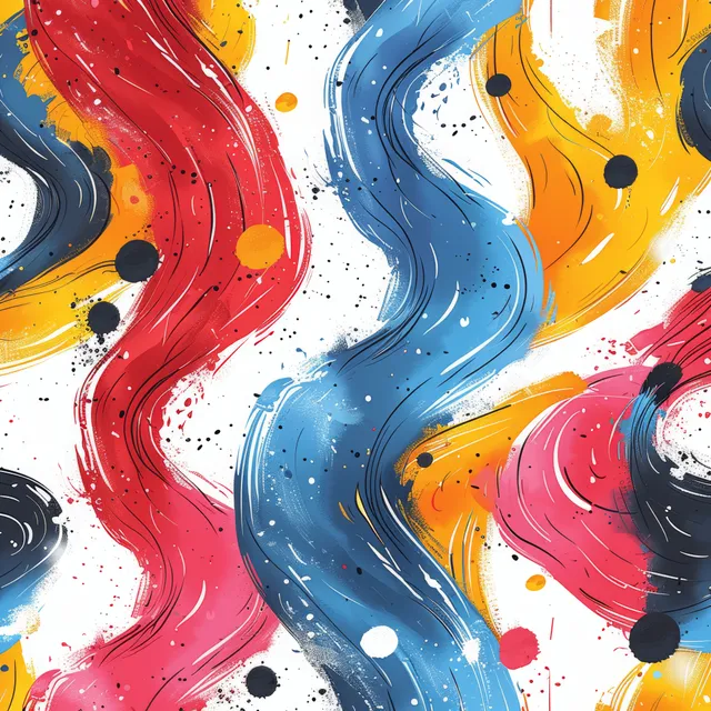 Playful abstract waves swirl pattern with colorful paint splashes on a clean white backdrop