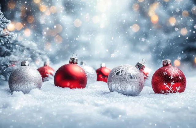 Red and silver Christmas baubles resting on snowy ground with falling snow bokeh lights