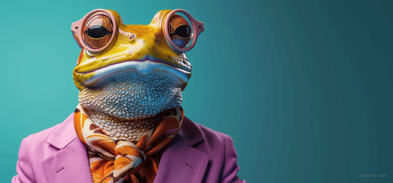 Anthropomorphic frog wearing a pastel suit, goggles and sunglasses, posed on a teal blue background with space for text.