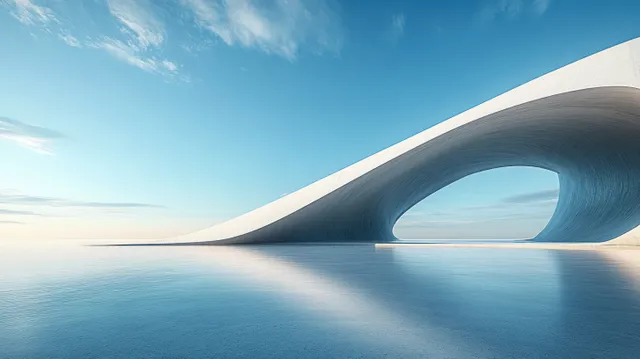 A smooth curved white arch structure spans calm reflective water beneath a clear blue sky.