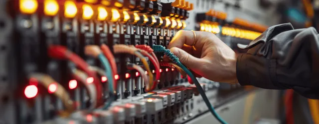 Electrician checks wiring and terminals beside an illuminated control panel with multiple circuit breaker modules.