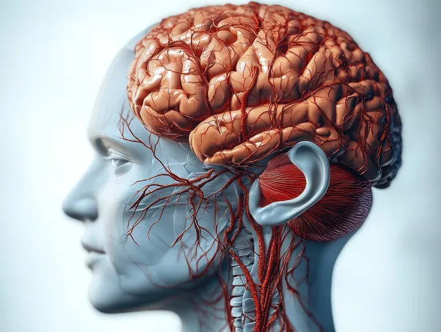 Head profile x-ray cutaway showing brain anatomy and a visible spinal cord through the neck.