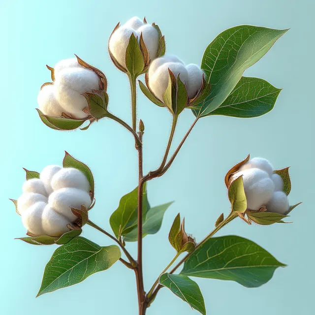 Close-up cotton plant branch with fluffy white bolls and green leaves on light blue backdrop