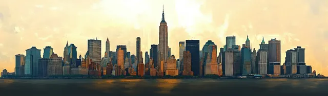 A vibrant sunset casts colorful reflections on calm water, showcasing a modern city skyline with tall skyscrapers.