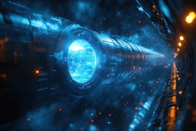 A futuristic rocket engine launches in space, emitting a vivid blue light trail and glowing particles through darkness.