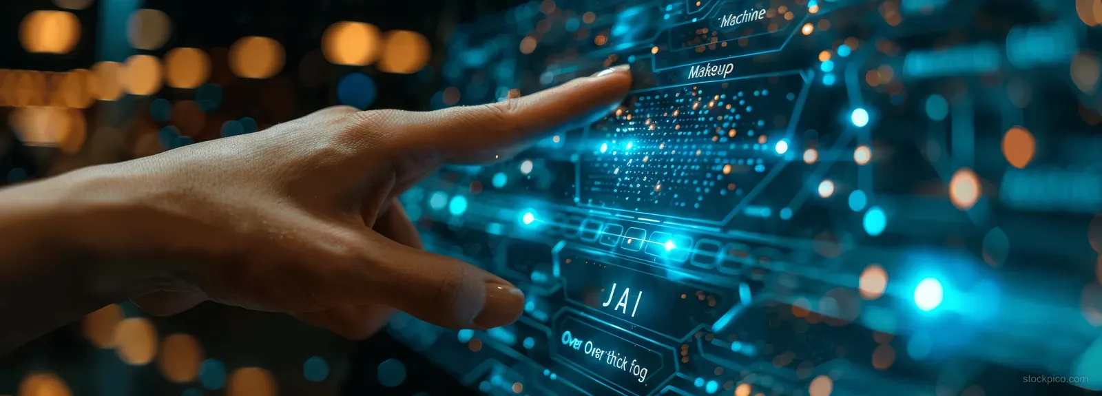 A hand taps a tablet screen displaying AI data panels over a glowing circuit network background.
