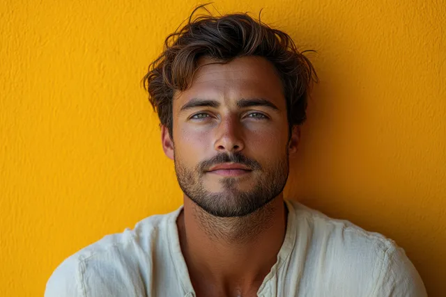 Smiling red-bearded young man in minimalist studio against vibrant yellow wall