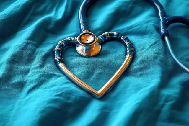A stethoscope arranged into a heart on blue medical scrubs fabric conveys compassionate healthcare.