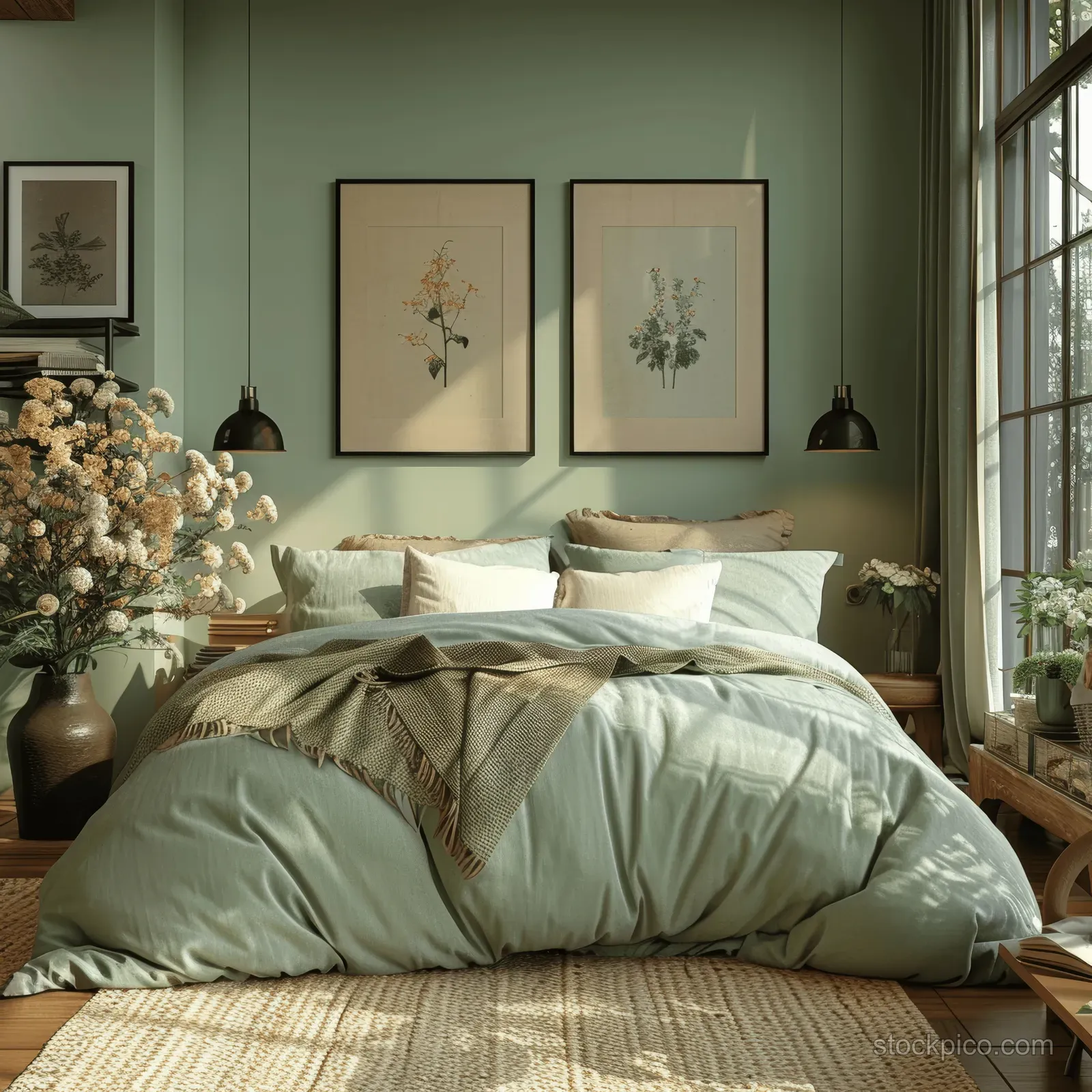 Mint green bedroom with a made bed, framed posters above it, black lamps, and flowers near the window.