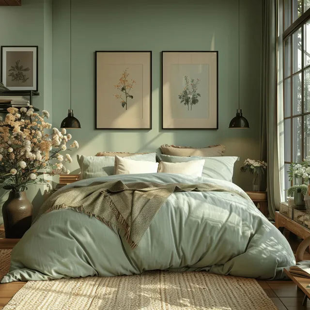 Mint green bedroom with a made bed, framed posters above it, black lamps, and flowers near the window.