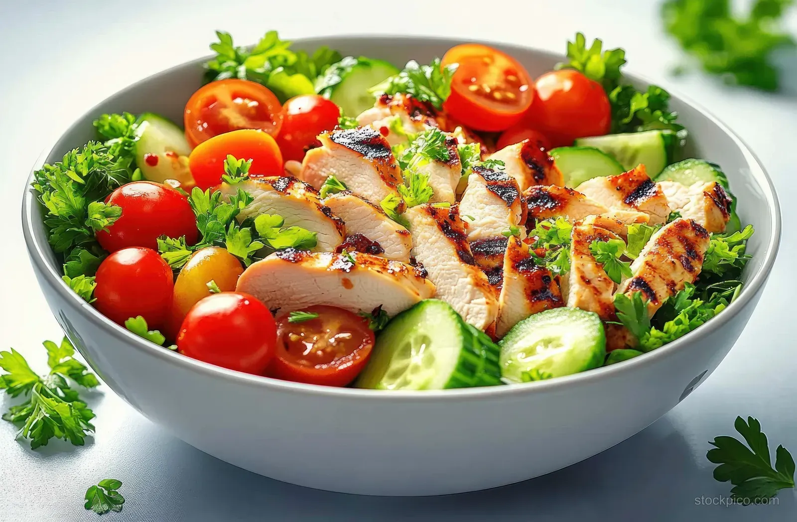 A bowl of grilled chicken salad with cherry tomatoes, cucumber slices, and parsley garnish on a bright table.