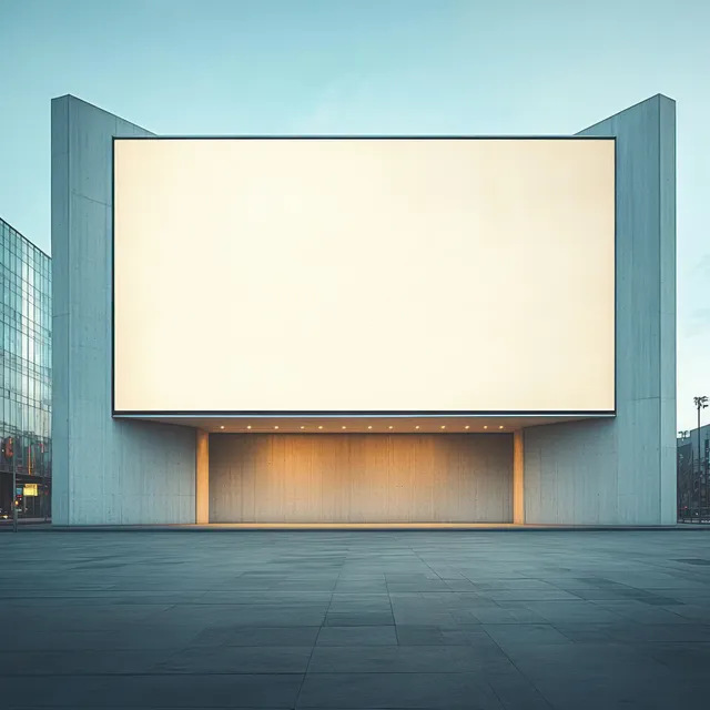 Minimalist modern building façade with a large blank illuminated billboard above a tiled urban plaza under a clear sky.