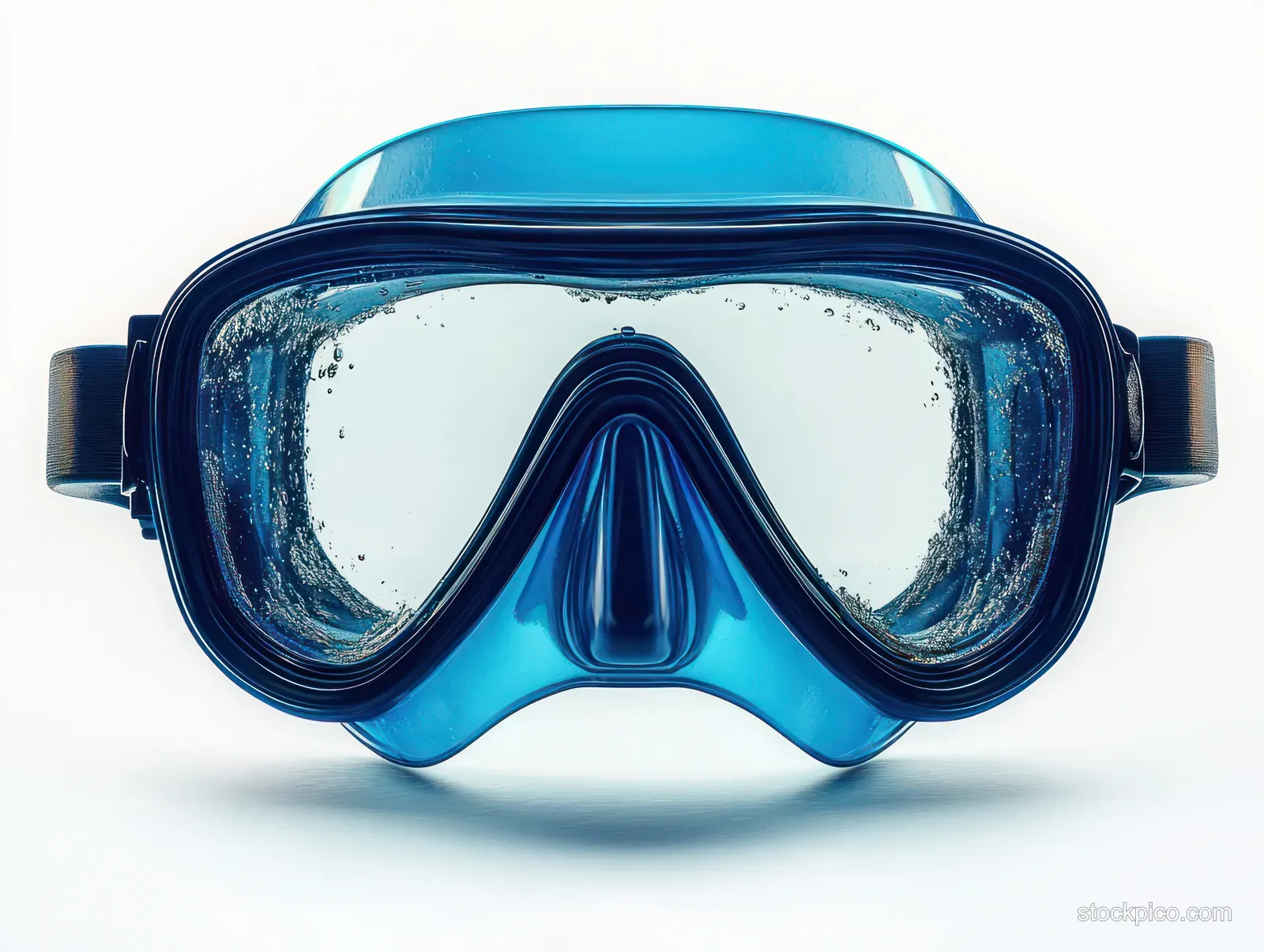 Blue diving mask with a clear lens showing water droplets and bubbles against a white background.