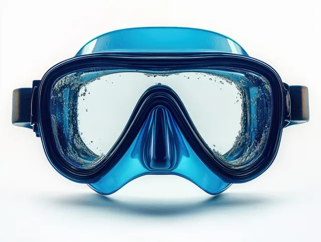 Blue diving mask with a clear lens showing water droplets and bubbles against a white background.