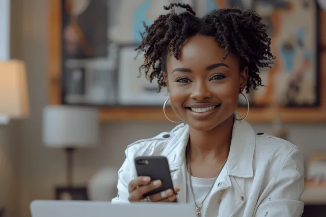Smiling African American woman using smartphone at office desk