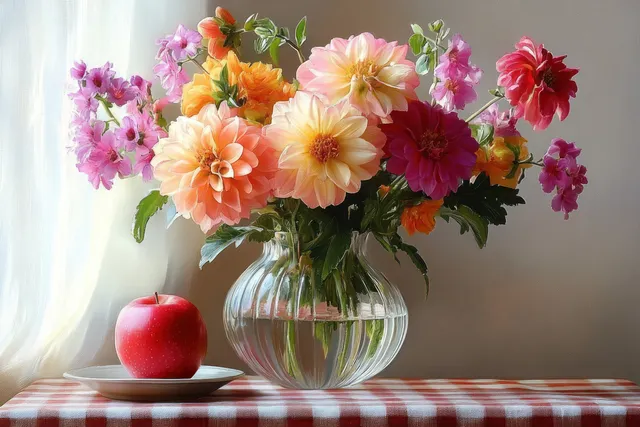 Orange, pink, and red flowers in a clear vase sit by a red apple on a white plate atop a red-and-white checkered tablecloth by a window.