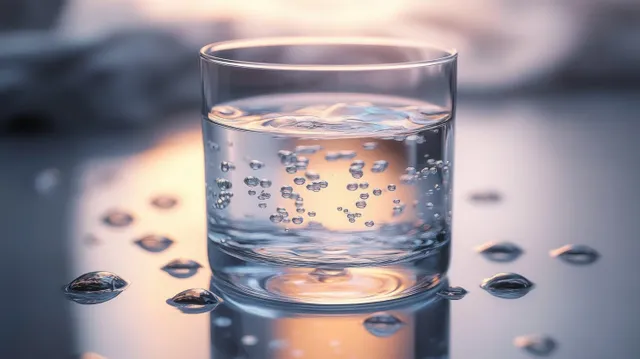 Close-up glass of sparkling water with rising bubbles and scattered droplets on reflective surface with Tabletop Still Life
