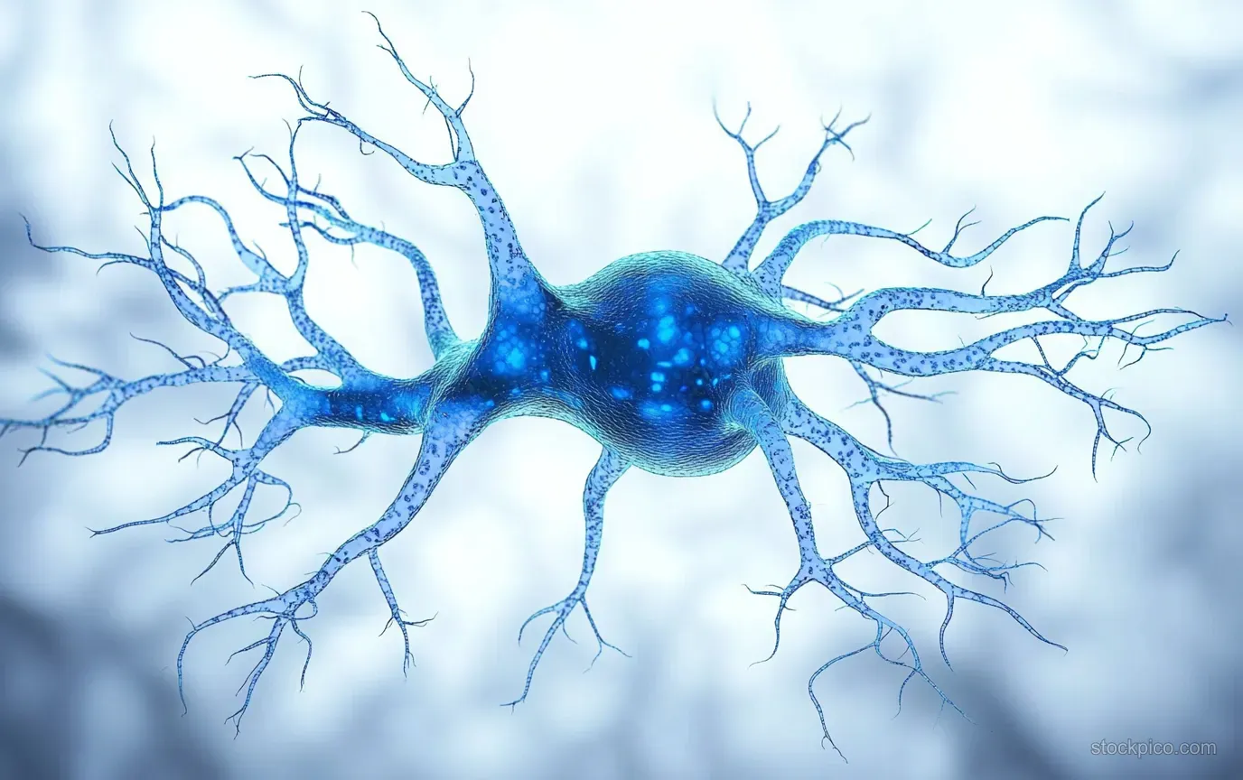Glowing blue neuron cell with branching dendrites extending into a soft blurred background.