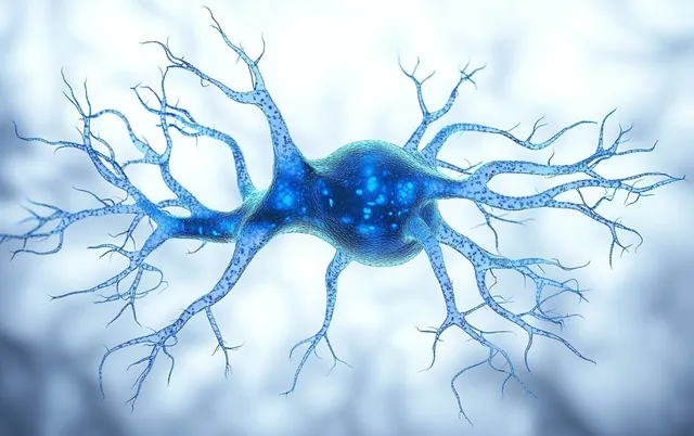 Glowing blue neuron with branching dendrites spreading outward across a soft blurred background