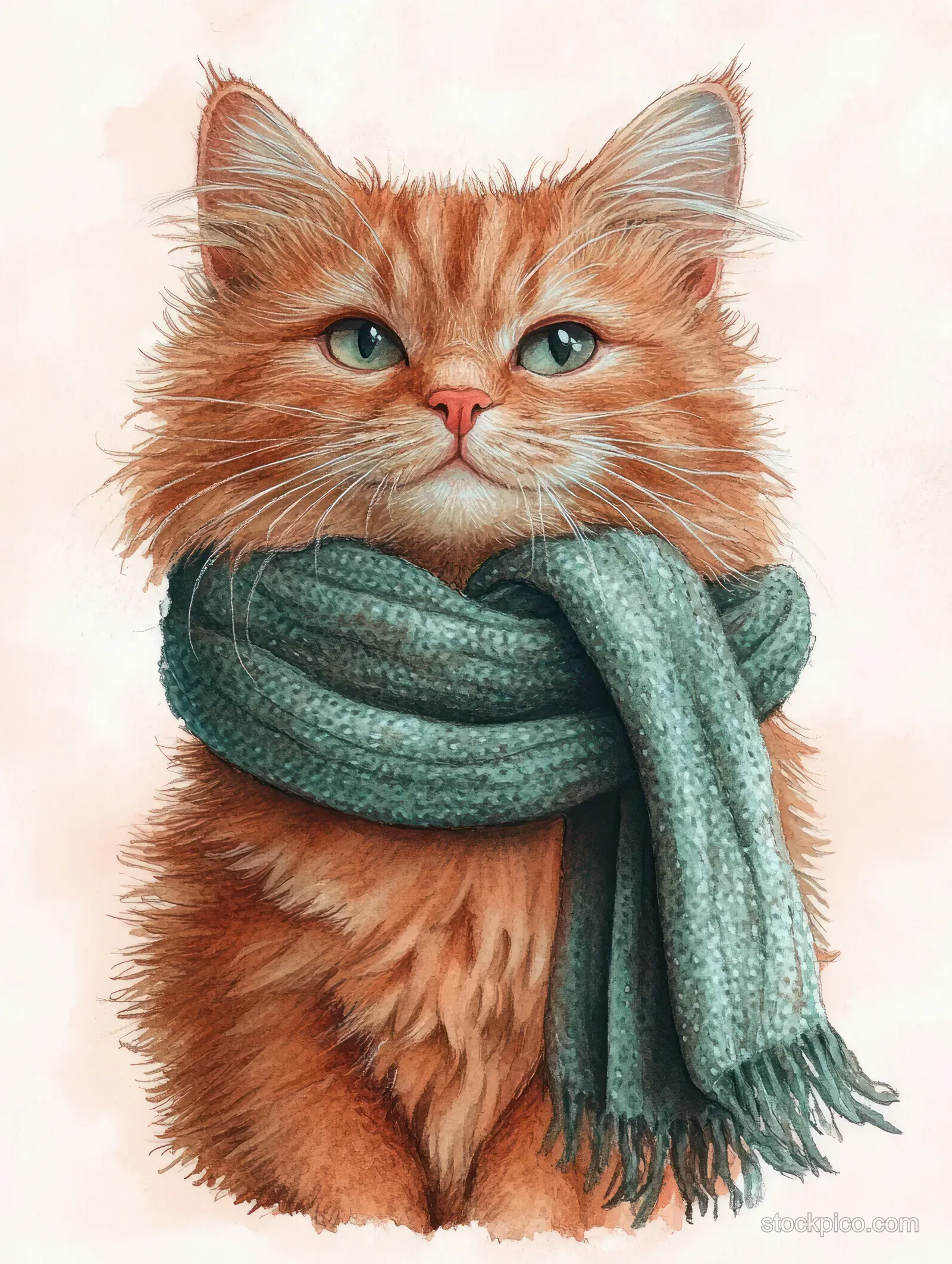 Fluffy orange cat with green eyes looks calmly at the viewer while wearing a thick knitted green scarf.