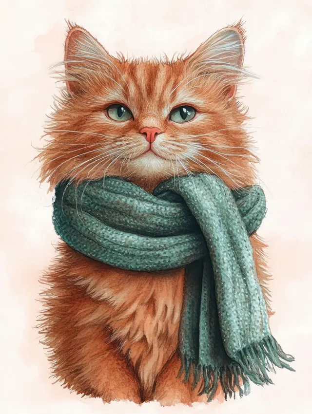Fluffy orange cat with green eyes looks calmly at the viewer while wearing a thick knitted green scarf.