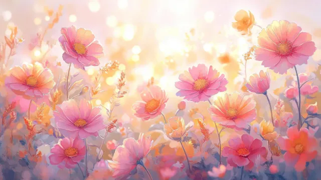 Colorful watercolor roses bloom across a soft pastel field with warm sunlight and glowing bokeh light.