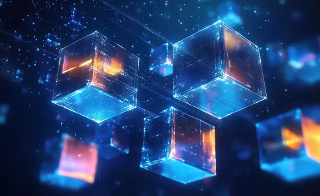 Glowing transparent cubes floating in a dark futuristic cyberspace