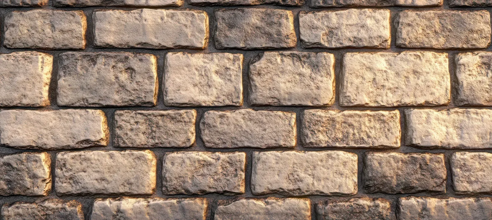 Warm sunlight illuminates a rough stone brick wall, showing mortar lines and rectangular block texture.