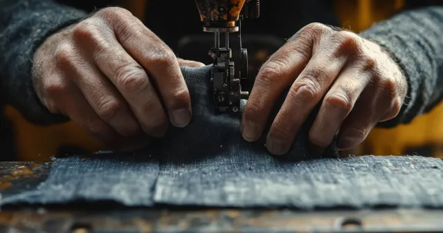 Tailor’s hands stitch denim on a vintage sewing machine in a warmly lit workshop.