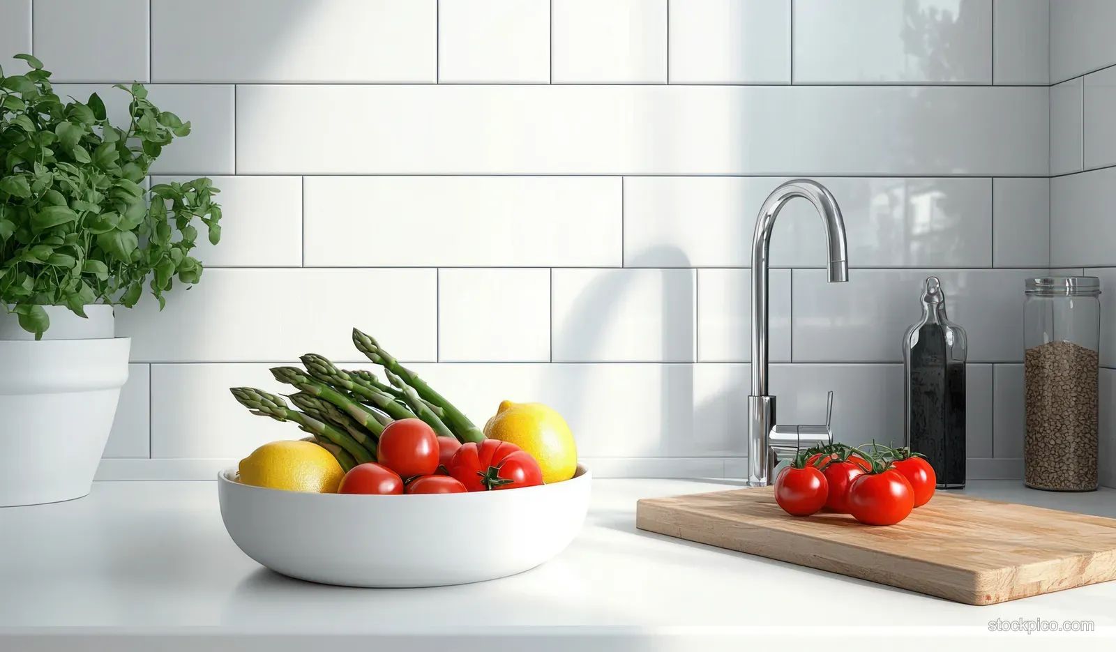 A bright kitchen countertop shows tomatoes, asparagus, lemons in a white bowl, potted basil, and a silver faucet.