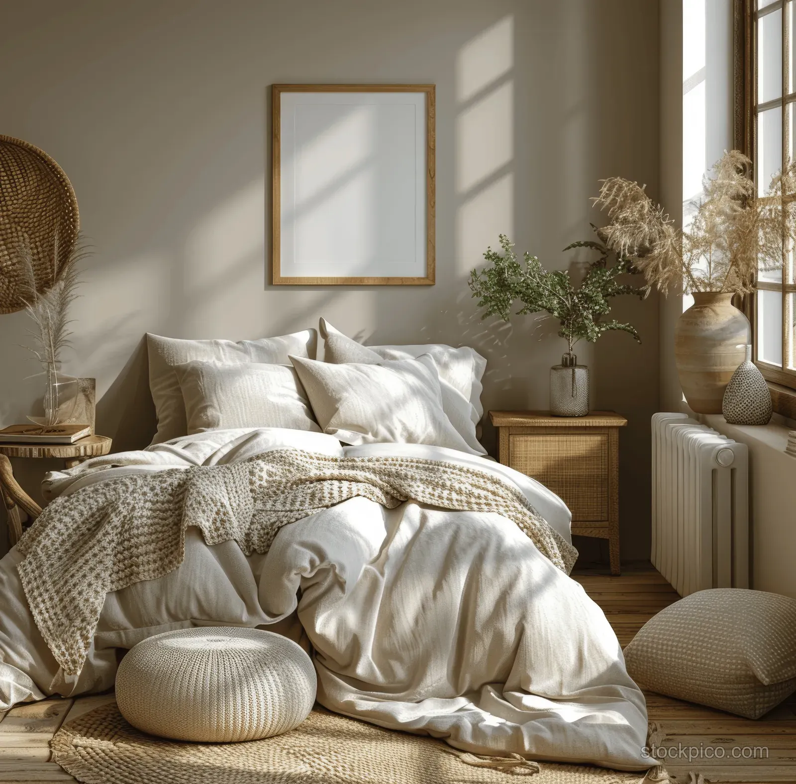 Blank poster frame hangs above a wooden cabinet in a coastal boho bedroom with beige bedding and sunlight shadows.