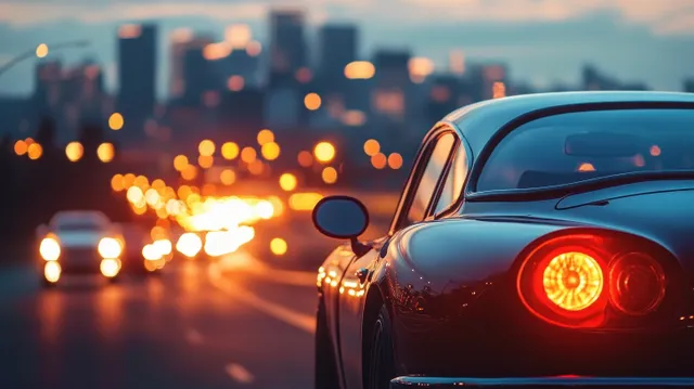 Close-up of a car’s illuminated taillight driving on a busy urban road at dusk with blurred headlights in the distance.