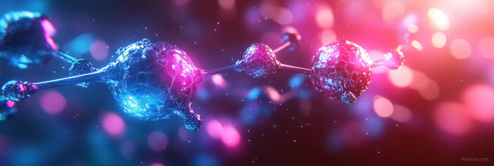 Glowing DNA strands and chemical bonds weave through an abstract blue and purple background with soft bokeh lights.