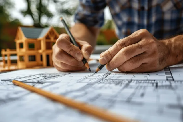 Architect hands drawing blueprint lines on rooftop with skyline and construction site below